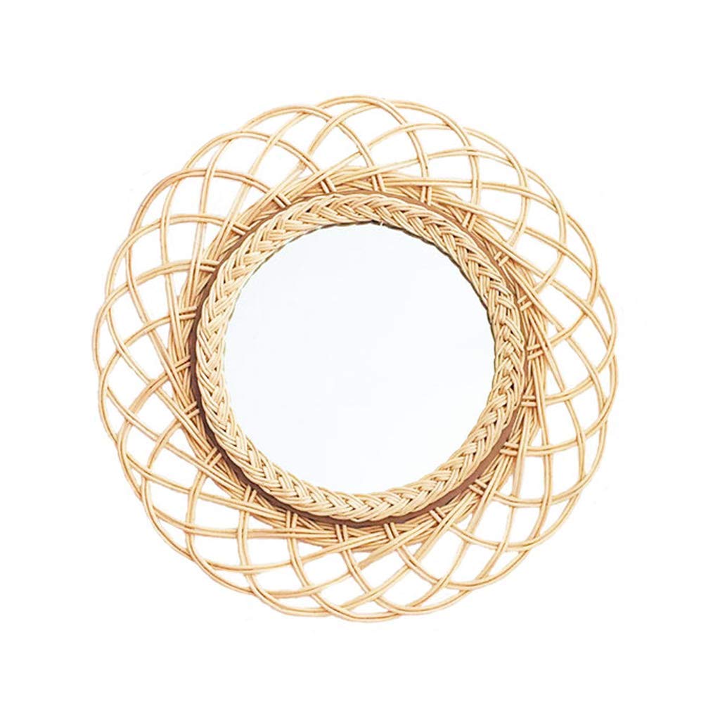 TYUHDUYUR Nordic Round Hanging Mirror Large Cosmetic Makeup Wall Mirror Home Decorative Wooden Rattan Craft for Bathroom Living Room Bedroom Diameter 41cm