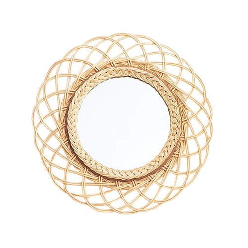 Nordic Round Wooden Rattan Wall Mirror 41cm