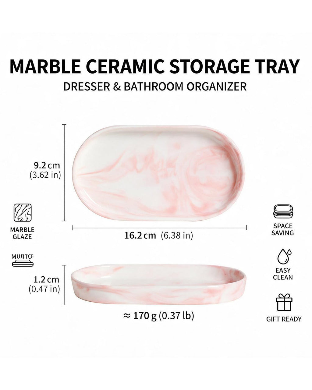 Ceramic Vanity Tray, 6.4 x 3.6 Inch Oval Bathroom Trinket Makeup Divider