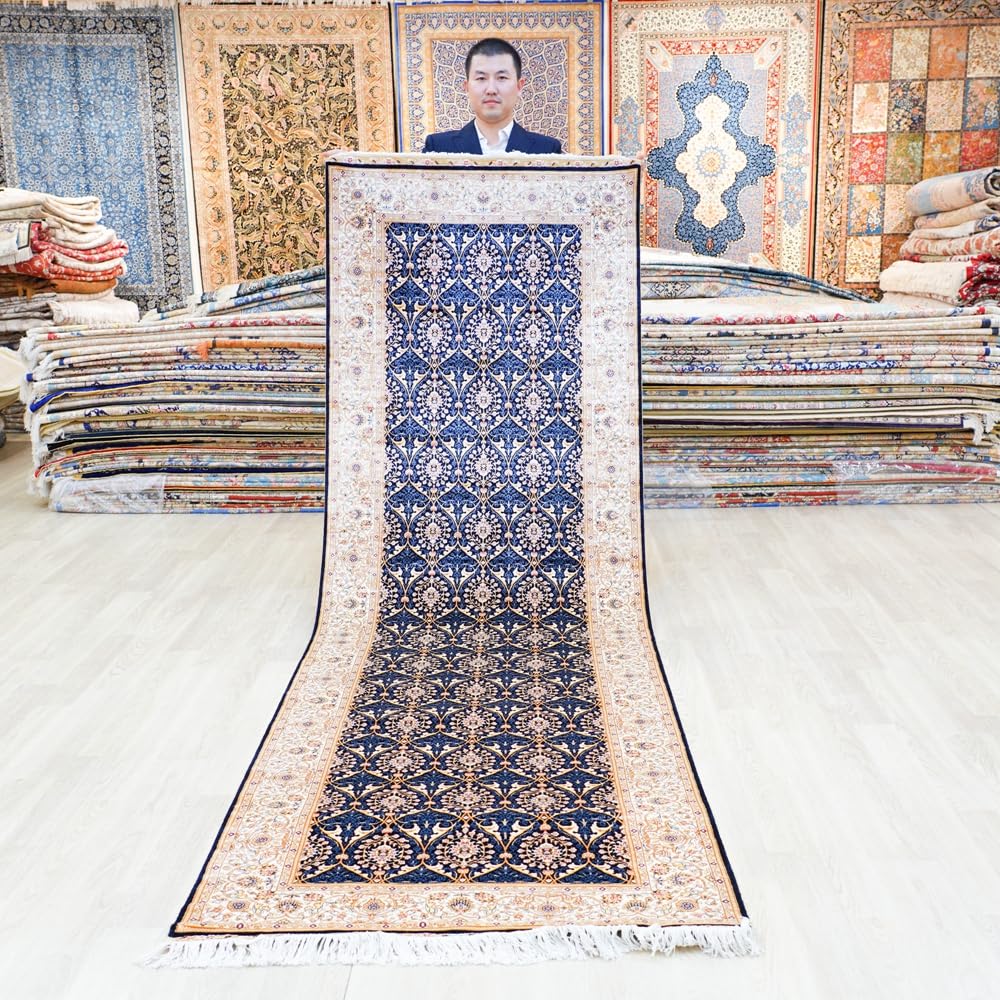 3x10 Blue Handmade Silk Rug Runner Long All Over Carpet Strip TJ576A