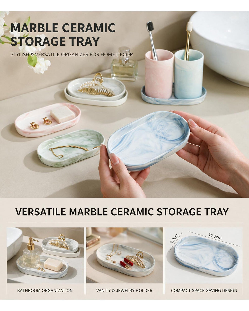 Ceramic Vanity Tray, 6.4 x 3.6 Inch Oval Bathroom Trinket Makeup Divider