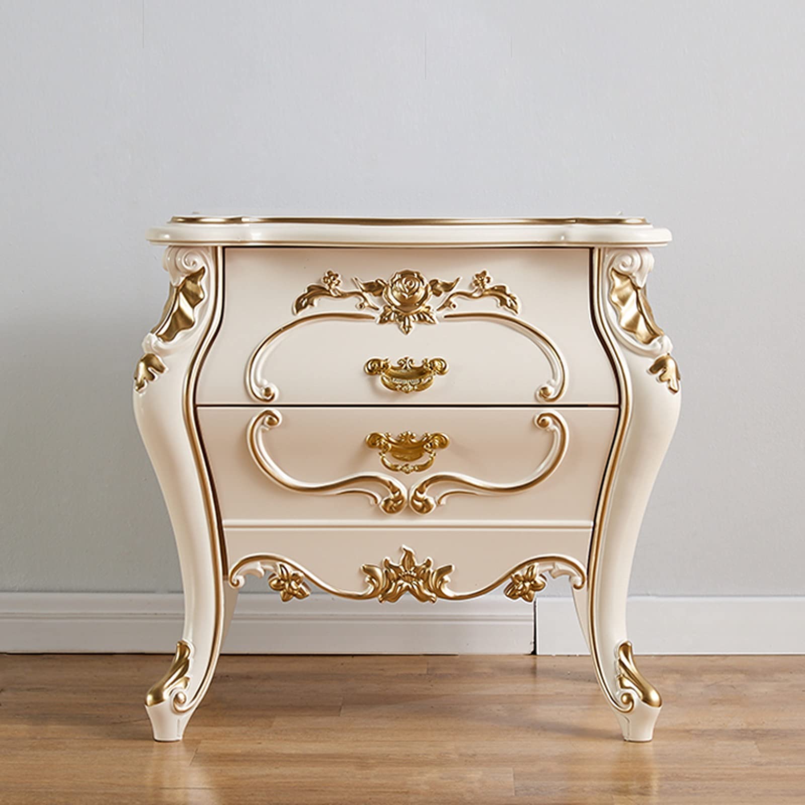 Night Stand White Bedside Tables with 2 Wood Drawers, Plastic Steel Frame Storage Cabinet Beautifully Carved Modern Style Nightstand for Bedroom 23.6" H Bedside Tables