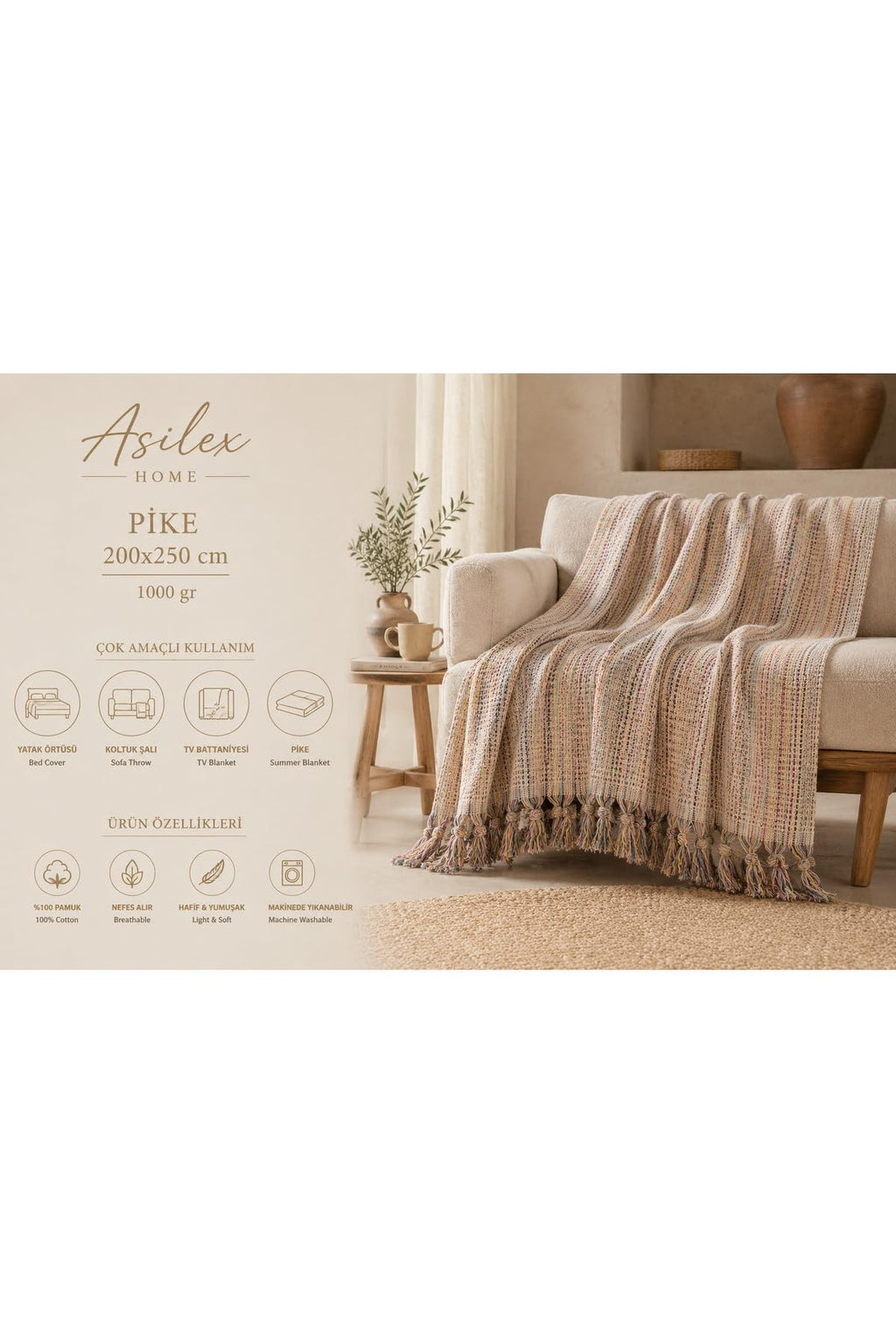 SODEF Asilex Home Woven Throw Blanket 78.7 x 98.4 in 100% Cotton Lightweight Premium Sofa Cover Summer Bedspread with Tassel Details for Living Room Boho Decor Beige - Beige