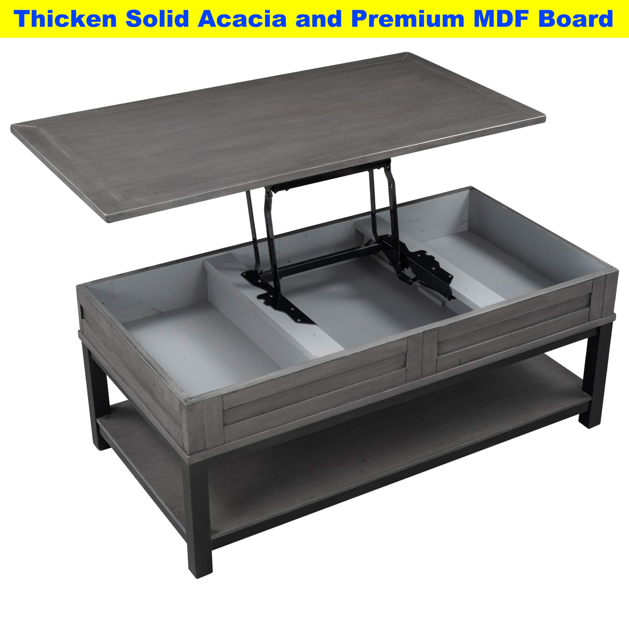 Best Farmhouse Style Lift Top Coffee Table with Hidden Storage Compartment and Open Shelf, Rustic Lift Tabletop Cocktail Table for Living Room, Thicken Wood/Stronger Metal Frame (Grey) (Grey)