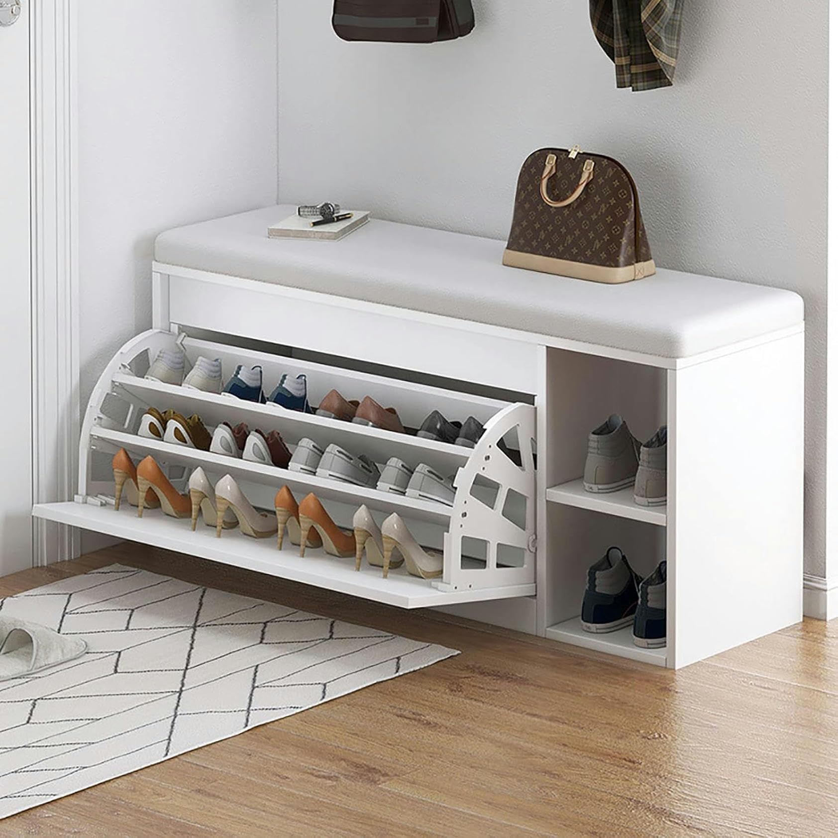 Modern Wooden Shoe Storage Bench with Hidden Rack, Cushioned PU Seat, Multi-Purpose Entryway, Stylish Shoe Cabinet for Home, 1pc