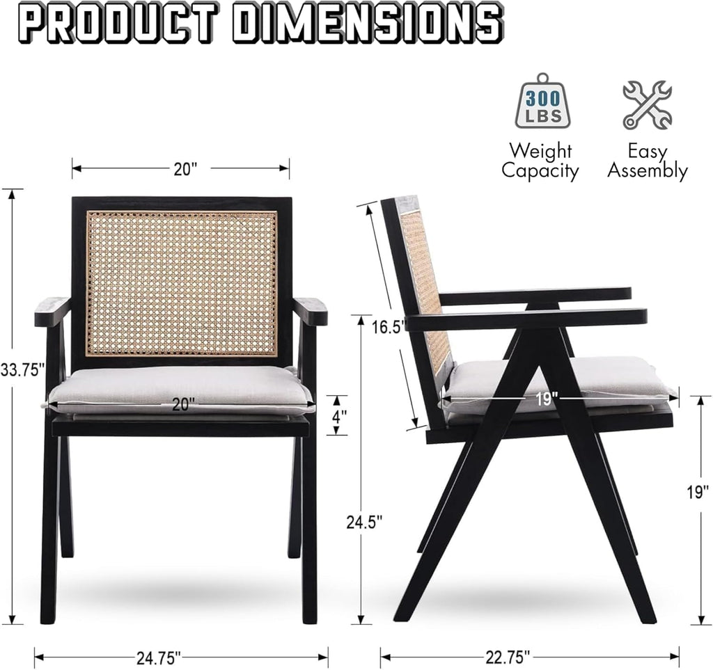 Novastra Modern Mid Century Accent Chairs Set of 2, Rattan Cane Back Dining Chairs with Removable Linen Upholstered Dining Chairs for Kitchen Restaurant