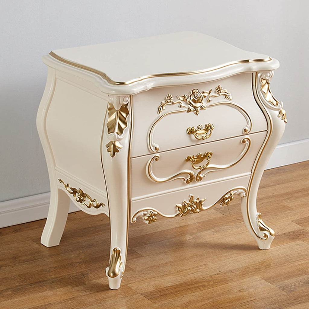 Night Stand White Bedside Tables with 2 Wood Drawers, Plastic Steel Frame Storage Cabinet Beautifully Carved Modern Style Nightstand for Bedroom 23.6" H Bedside Tables