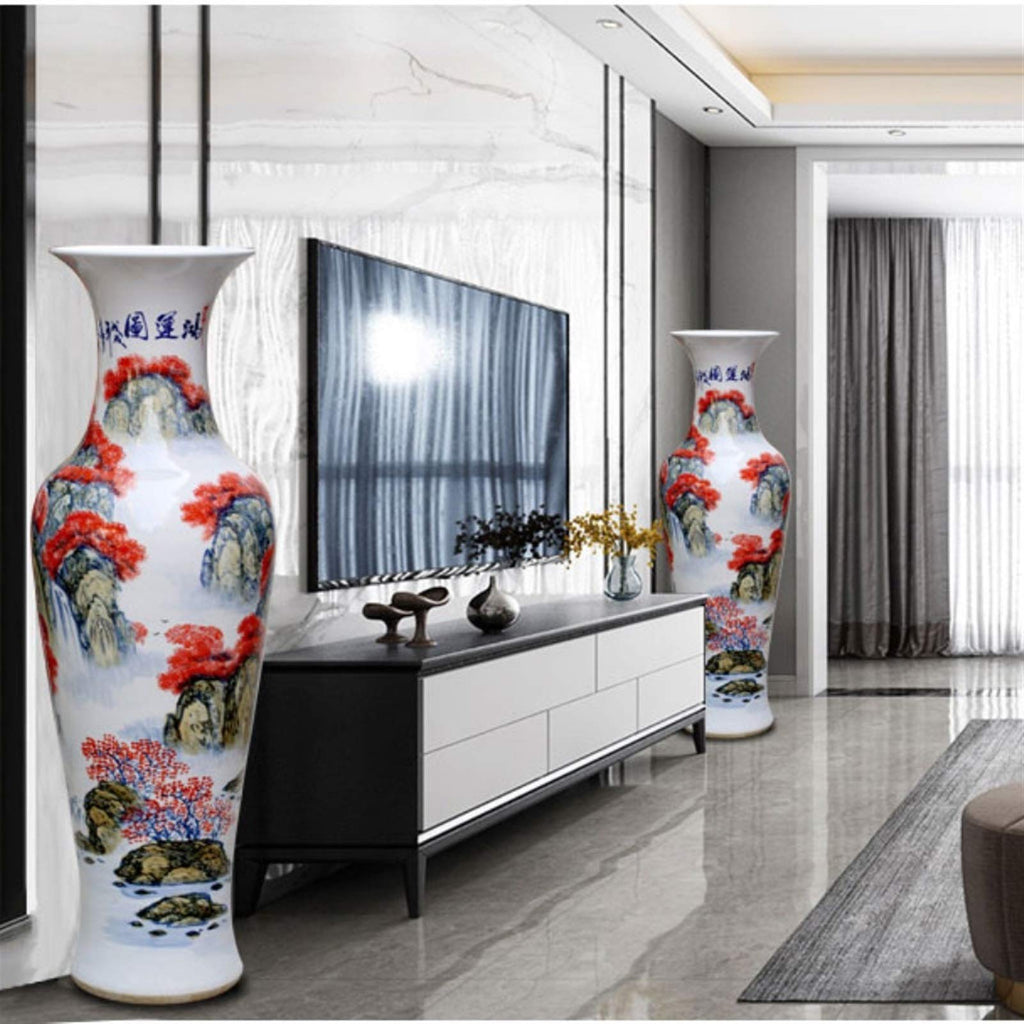 Floor vase Decorative Vase Ceramic Hand-Painted Landscape Painting Large Vase Home Living Room Decoration Opening Gift Floor Vase 39.3 Inches High Ceramic Vase Set