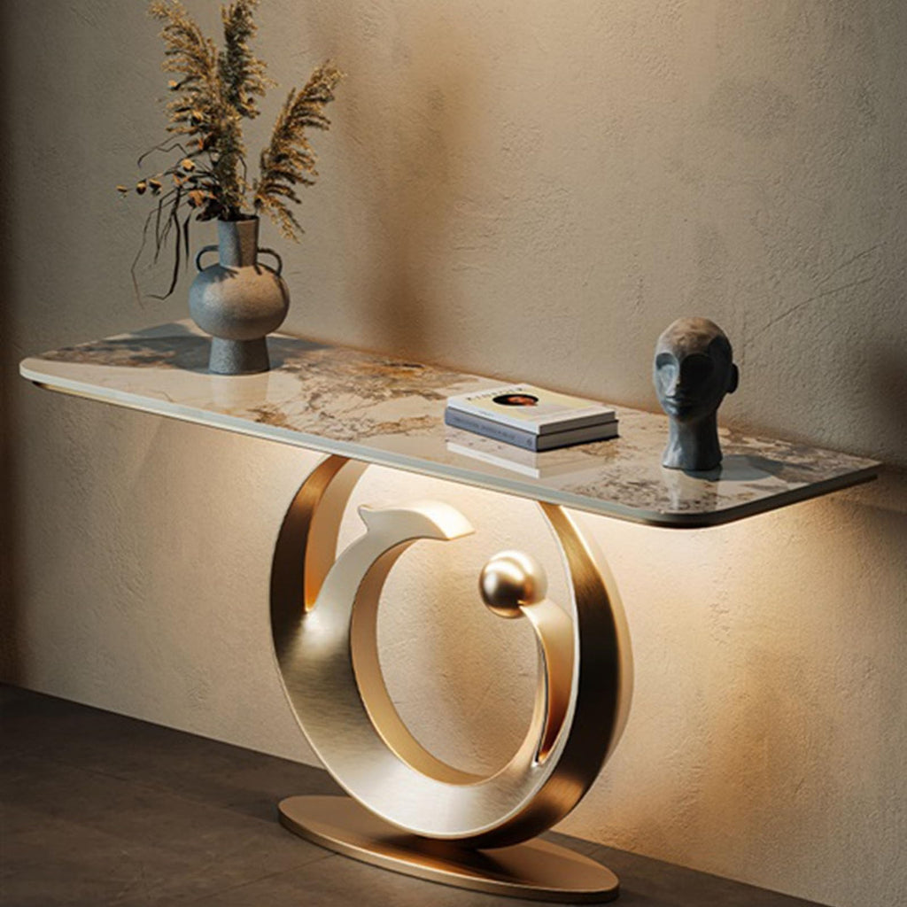 Home Modern Entryway Table with Faux Marble Top and Metal Base, Featuring Induction Light - Console Table for Narrow Spaces Behind Couch