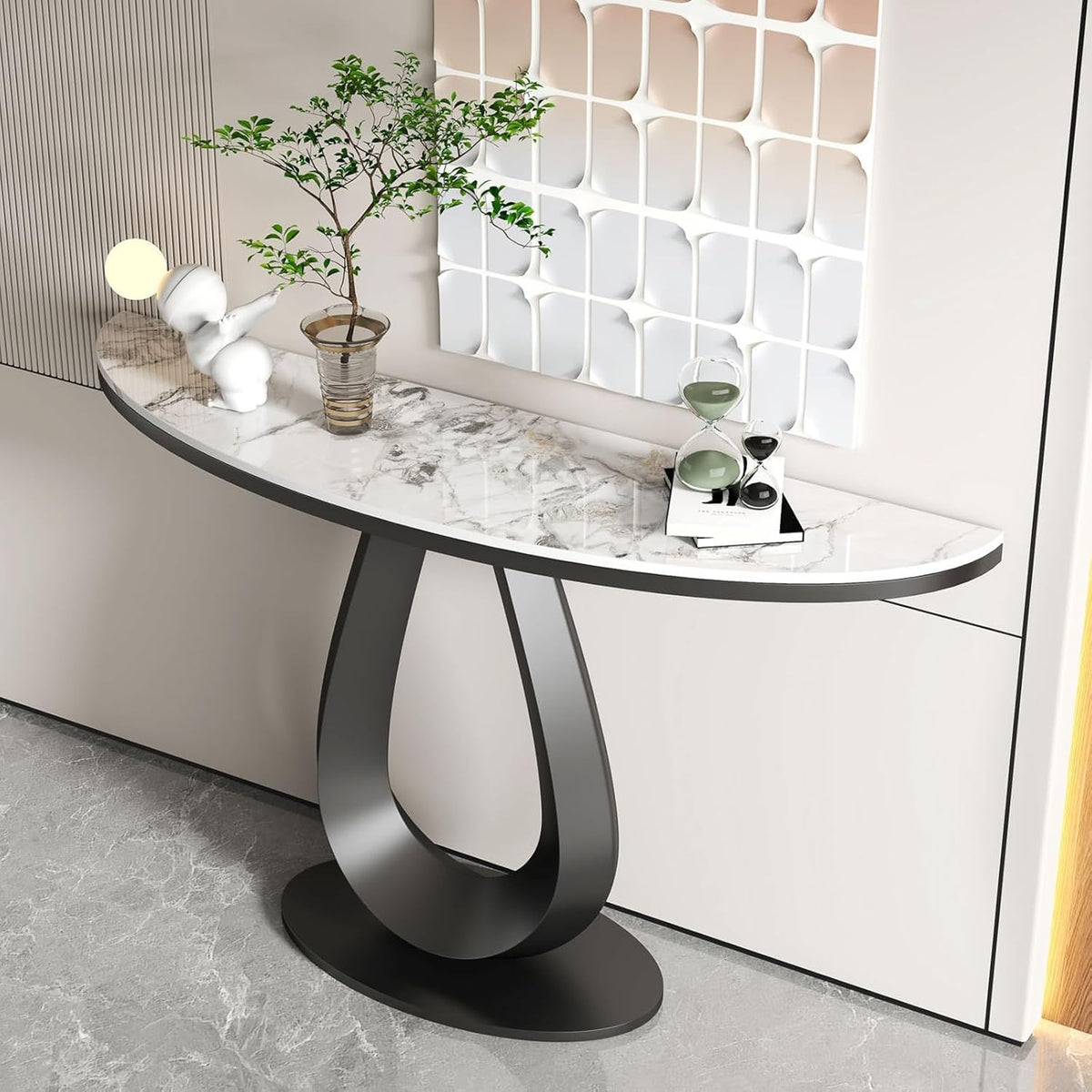 39-Inch Faux Marble Half-Moon Console Table