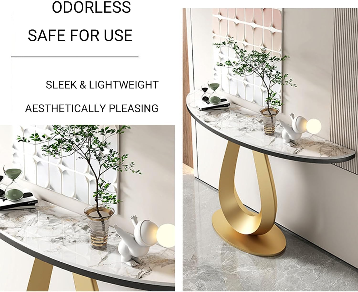Modern Half-Moon Entryway Table, Faux Marble Console with Curved Metal Base, Stylish Accent Sofa Table for Living Room and Foyer (Black, 100cm39.3in)