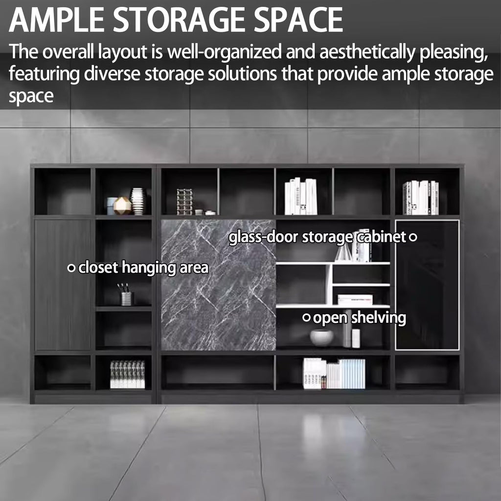 Aihm-Lon Bookshelf - Wooden Bookcase & Executive File Cabinet with Modern Grey Marble Texture & 5 Tier-Tall Shelf Includes Open Storage & Display Space for Home Office & Study
