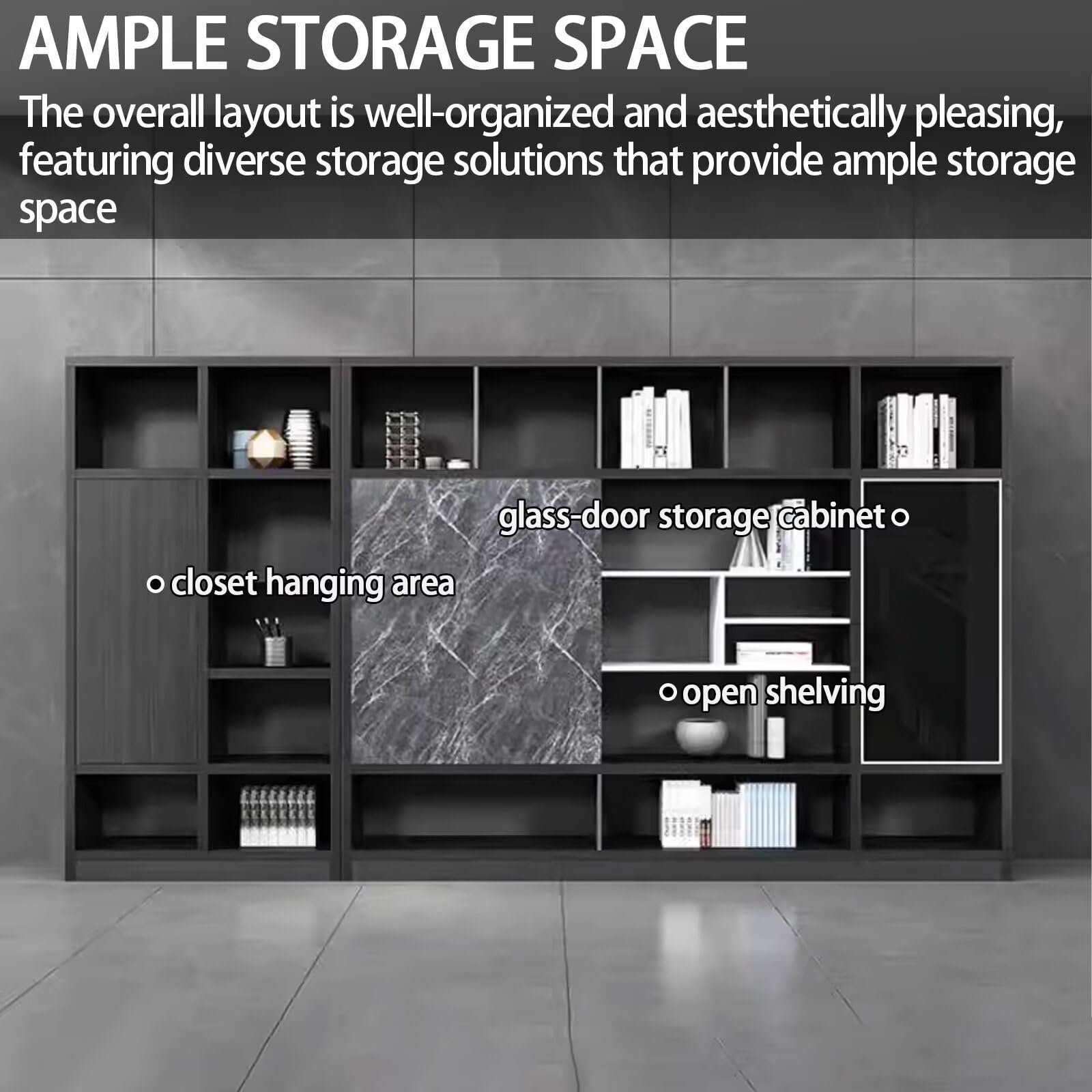 Aihm-Lon Bookshelf - Wooden Bookcase & Executive File Cabinet with Modern Grey Marble Texture & 5 Tier-Tall Shelf Includes Open Storage & Display Space for Home Office & Study
