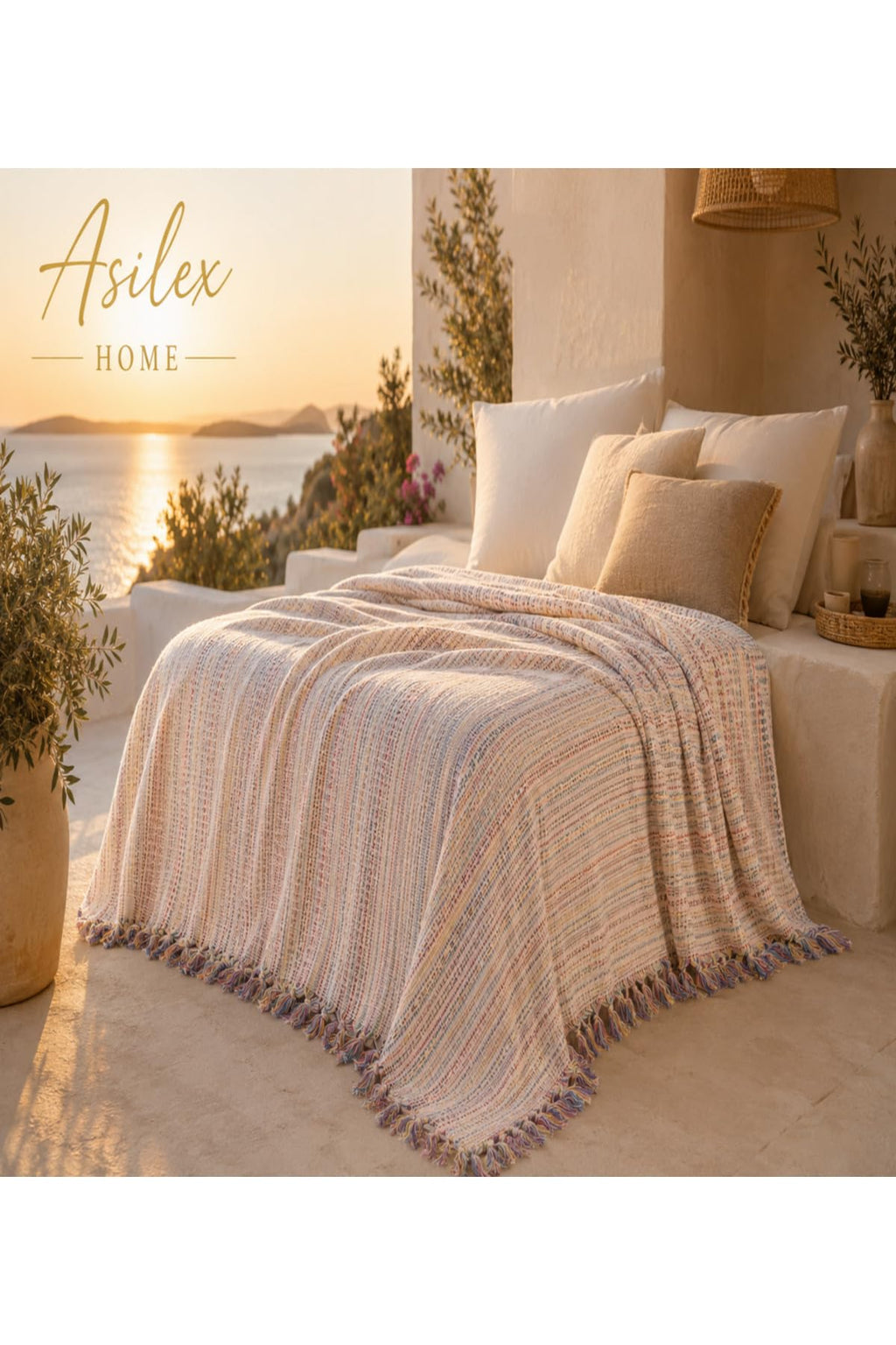 SODEF Asilex Home Woven Throw Blanket 78.7 x 98.4 in 100% Cotton Lightweight Premium Sofa Cover Summer Bedspread with Tassel Details for Living Room Boho Decor Beige - Beige