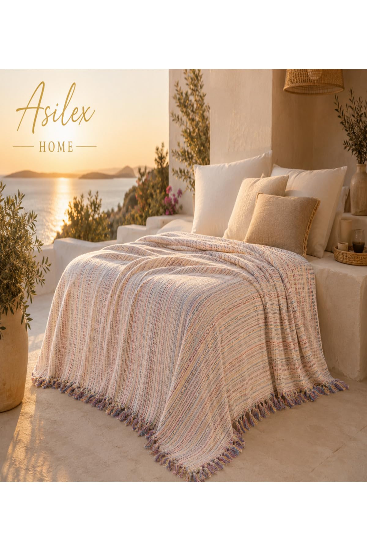 SODEF Asilex Home Woven Throw Blanket 78.7 x 98.4 in 100% Cotton Lightweight Premium Sofa Cover Summer Bedspread with Tassel Details for Living Room Boho Decor Beige - Beige