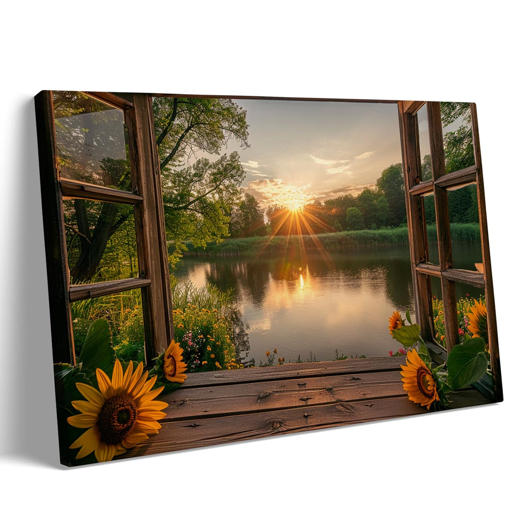 Sunflower Landscape Window Wall Art Natural Canvas Print Painting