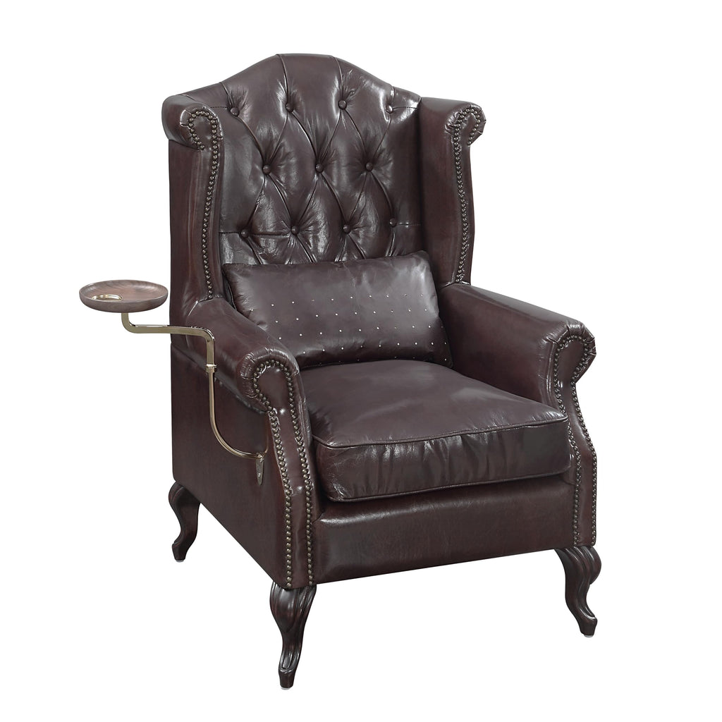 Vintage Brown Leather Accent Chair with 1 Toss Pillow