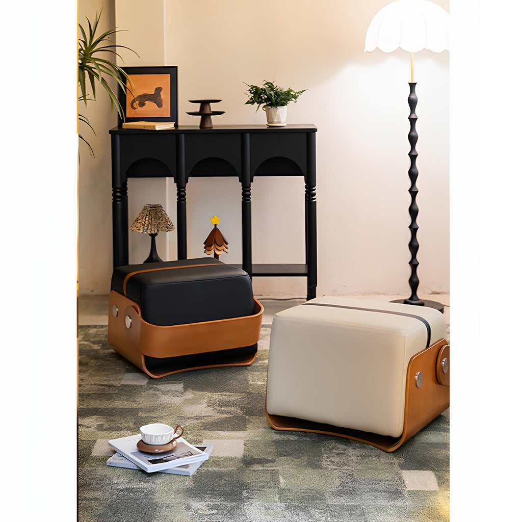 TBJEN Solid Wood Footstool Modern Leather Pouffe Footstool - Square Footrest Ottoman Small Couch Foot for Living Room Decor
