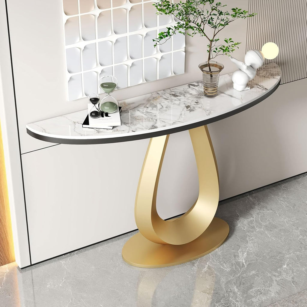 Modern Half-Moon Entryway Table, Faux Marble Console with Curved Metal Base, Stylish Accent Sofa Table for Living Room and Foyer (Black, 100cm39.3in)