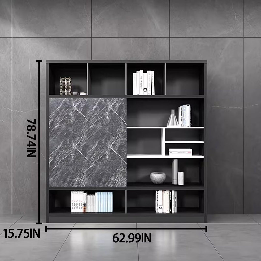 Aihm-Lon Bookshelf - Wooden Bookcase & Executive File Cabinet with Modern Grey Marble Texture & 5 Tier-Tall Shelf Includes Open Storage & Display Space for Home Office & Study