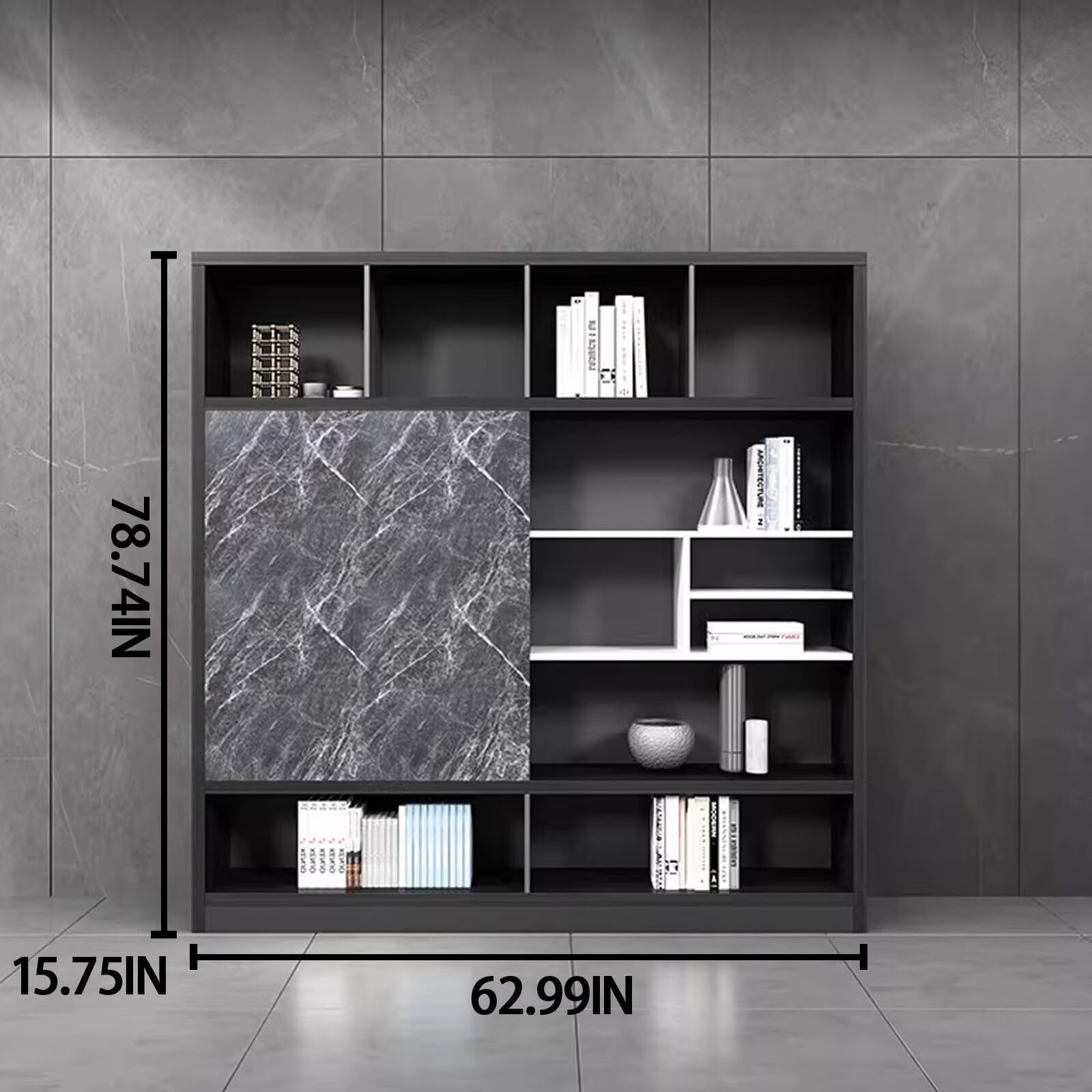 Aihm-Lon Bookshelf - Wooden Bookcase & Executive File Cabinet with Modern Grey Marble Texture & 5 Tier-Tall Shelf Includes Open Storage & Display Space for Home Office & Study