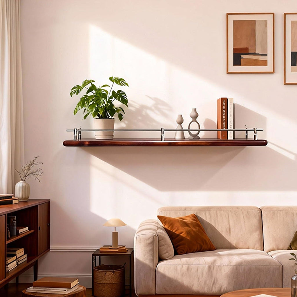 Set of 2 Modern Walnut Floating Shelves with Stainless Steel Guardrails, Perfect for Bathroom, Kitchen, Living Room, Plant & Art Display - 47.2x7.9in