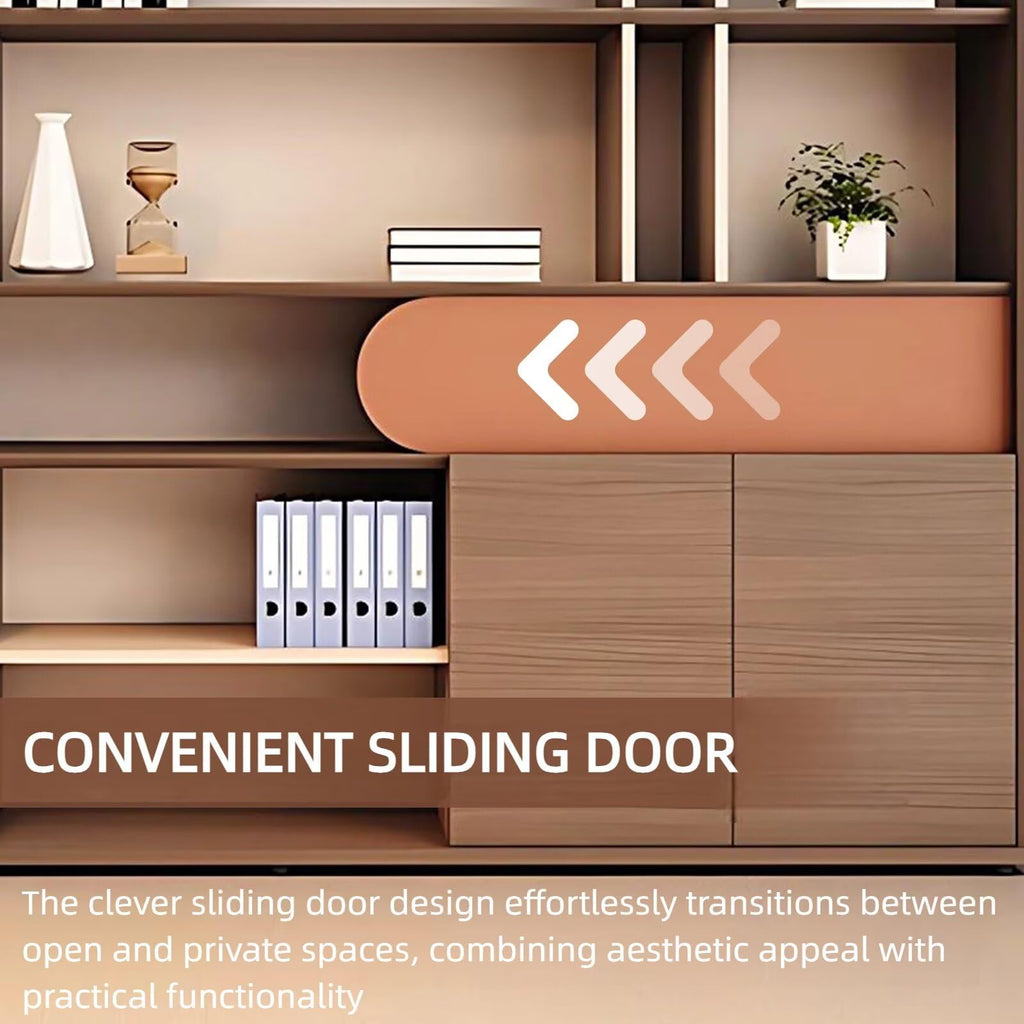 Aihm-Lon Bookshelf - Tall Bookcase with Modern Brown Wood Grain Design, Cube Storage Organizer Includes 5-Tier Open Display Shelf, Sliding Door