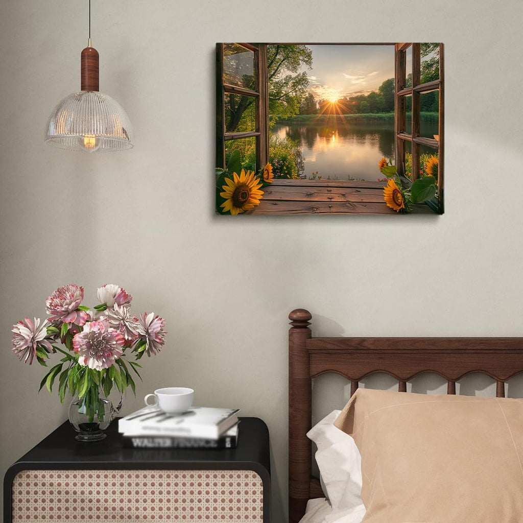 Sunflower Landscape Window Wall Art Natural Canvas Print Painting