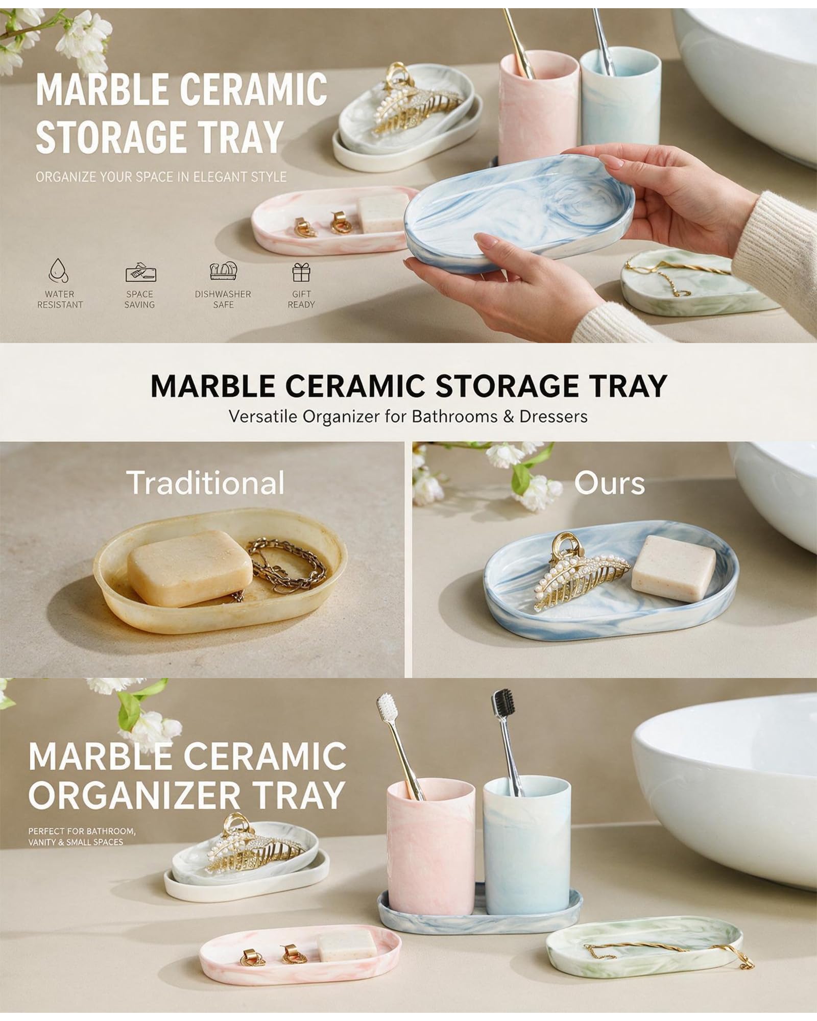 Ceramic Vanity Tray, 6.4 x 3.6 Inch Oval Bathroom Trinket Makeup Divider