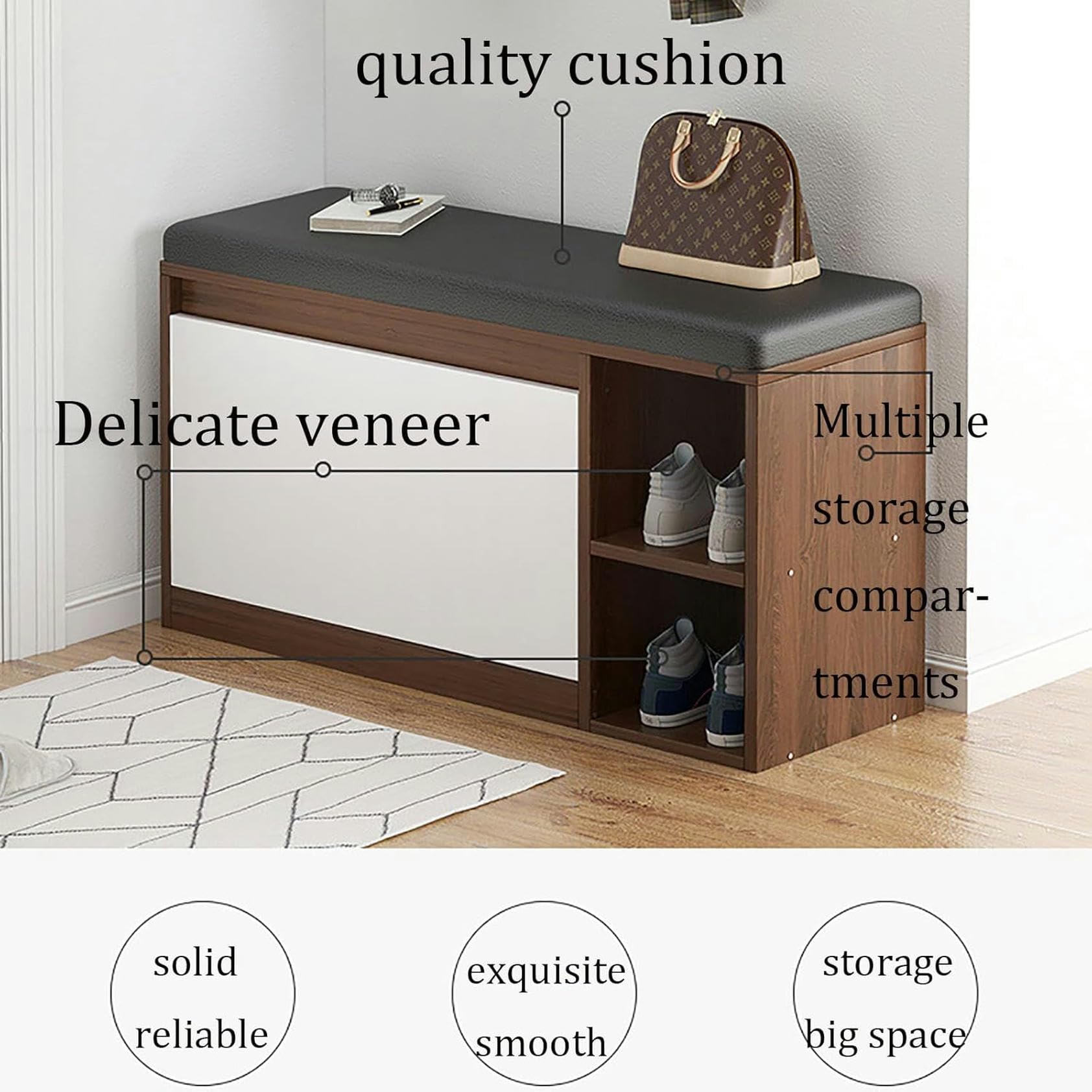 Modern Wooden Shoe Storage Bench with Hidden Rack, Cushioned PU Seat, Multi-Purpose Entryway, Stylish Shoe Cabinet for Home, 1pc