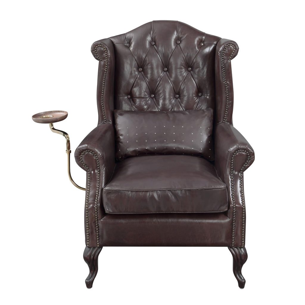 Vintage Brown Leather Accent Chair with 1 Toss Pillow
