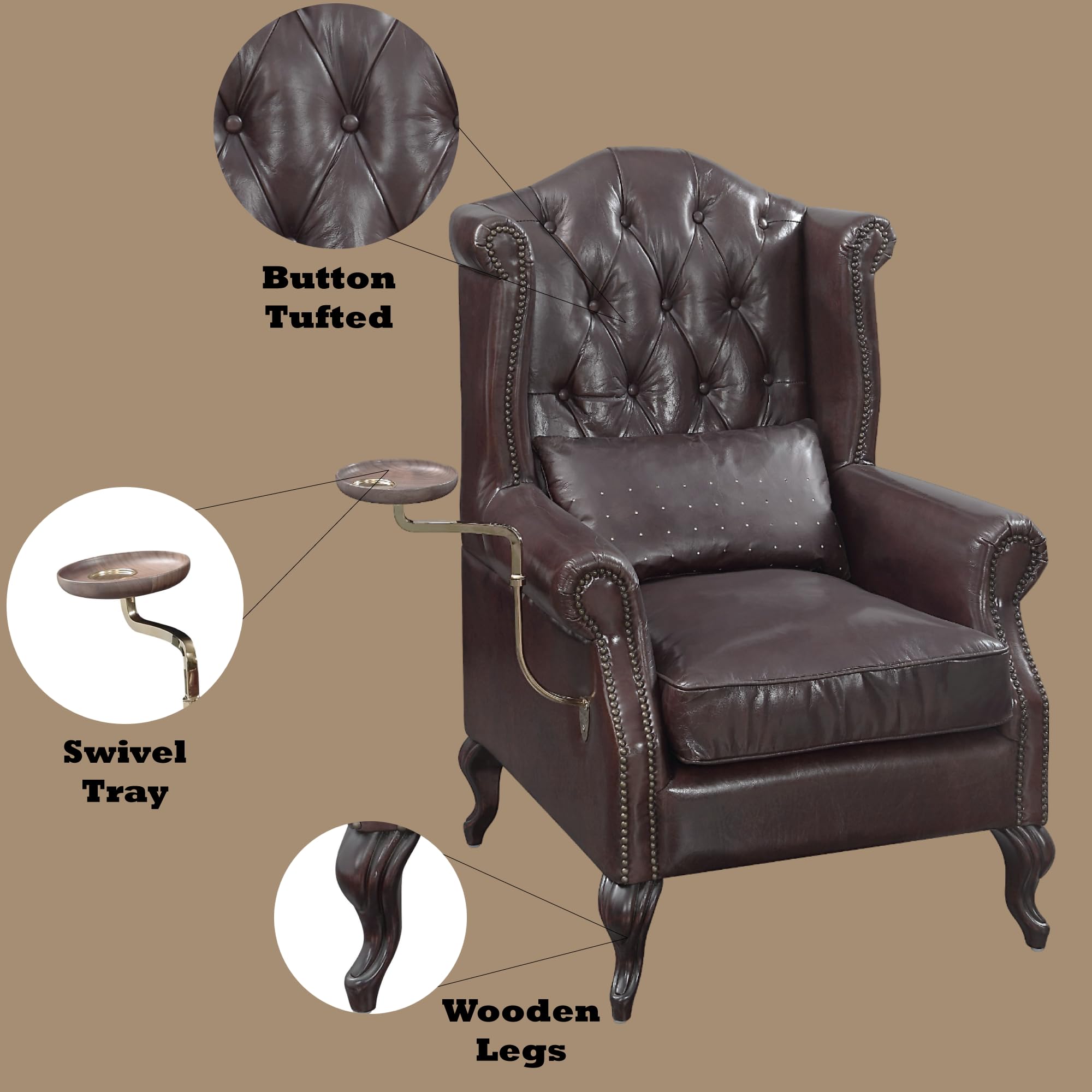 Vintage Brown Leather Accent Chair with 1 Toss Pillow
