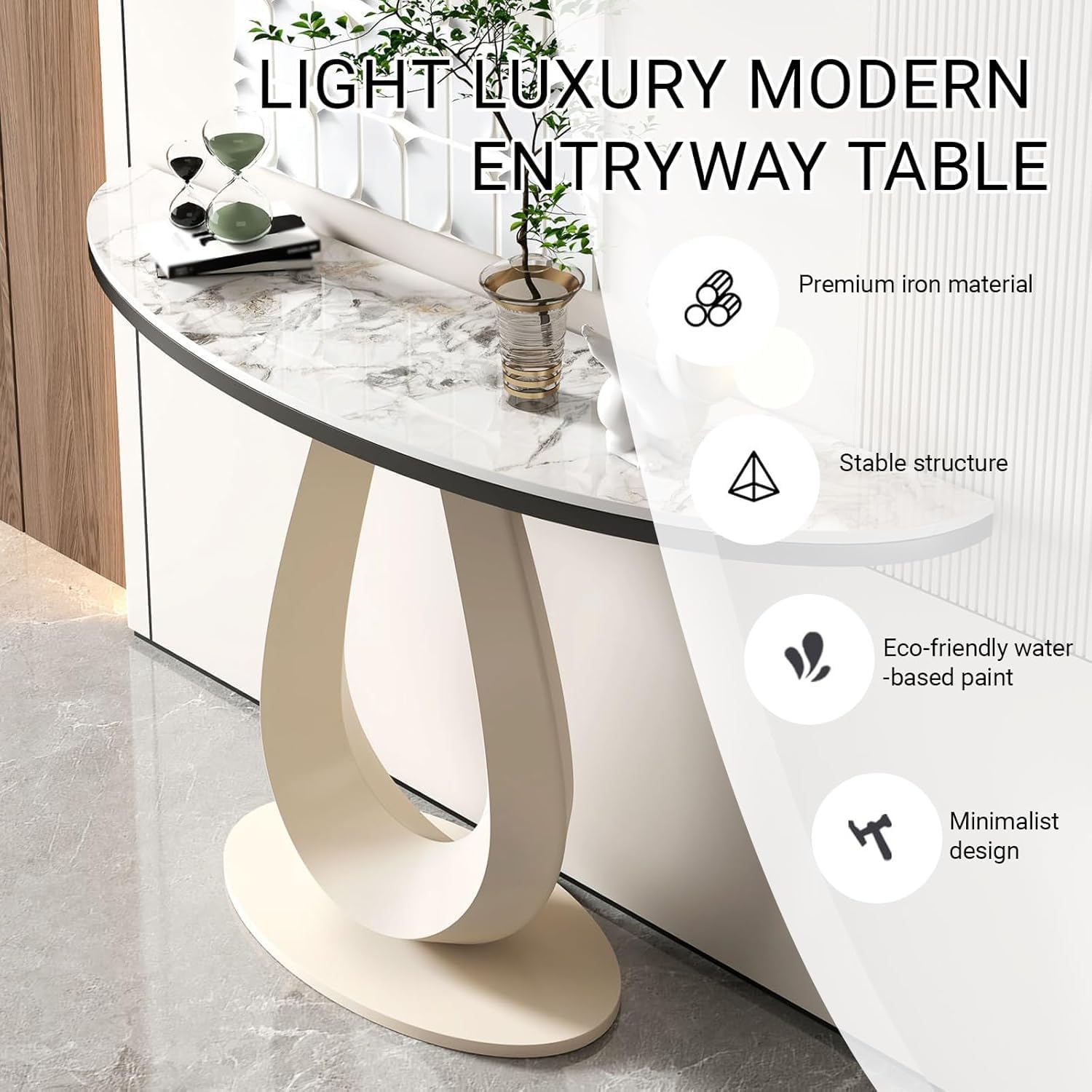 Modern Half-Moon Entryway Table, Faux Marble Console with Curved Metal Base, Stylish Accent Sofa Table for Living Room and Foyer (Black, 100cm39.3in)