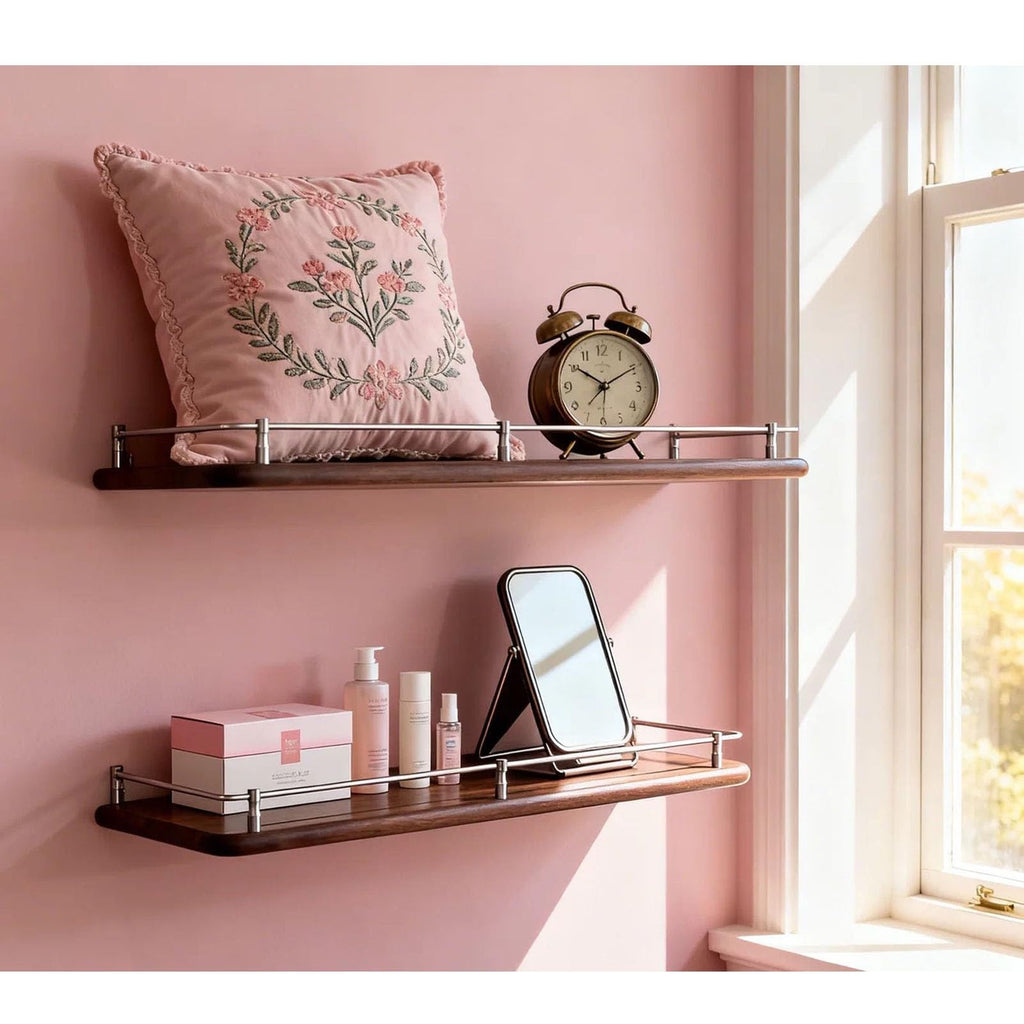 Set of 2 Modern Walnut Floating Shelves with Stainless Steel Guardrails, Perfect for Bathroom, Kitchen, Living Room, Plant & Art Display - 47.2x7.9in