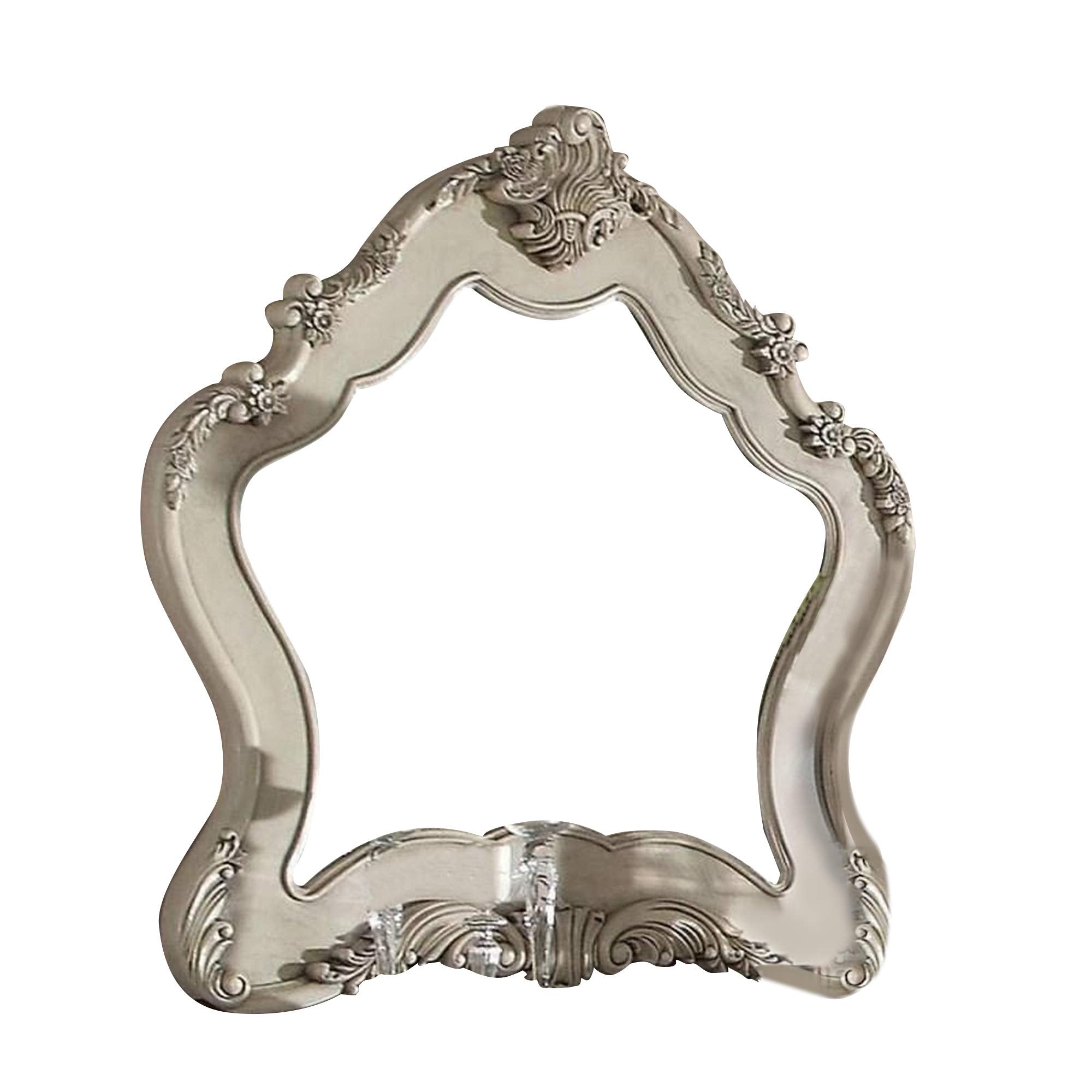 Benjara Wooden Arched Wall Mirror with Floral Design, White