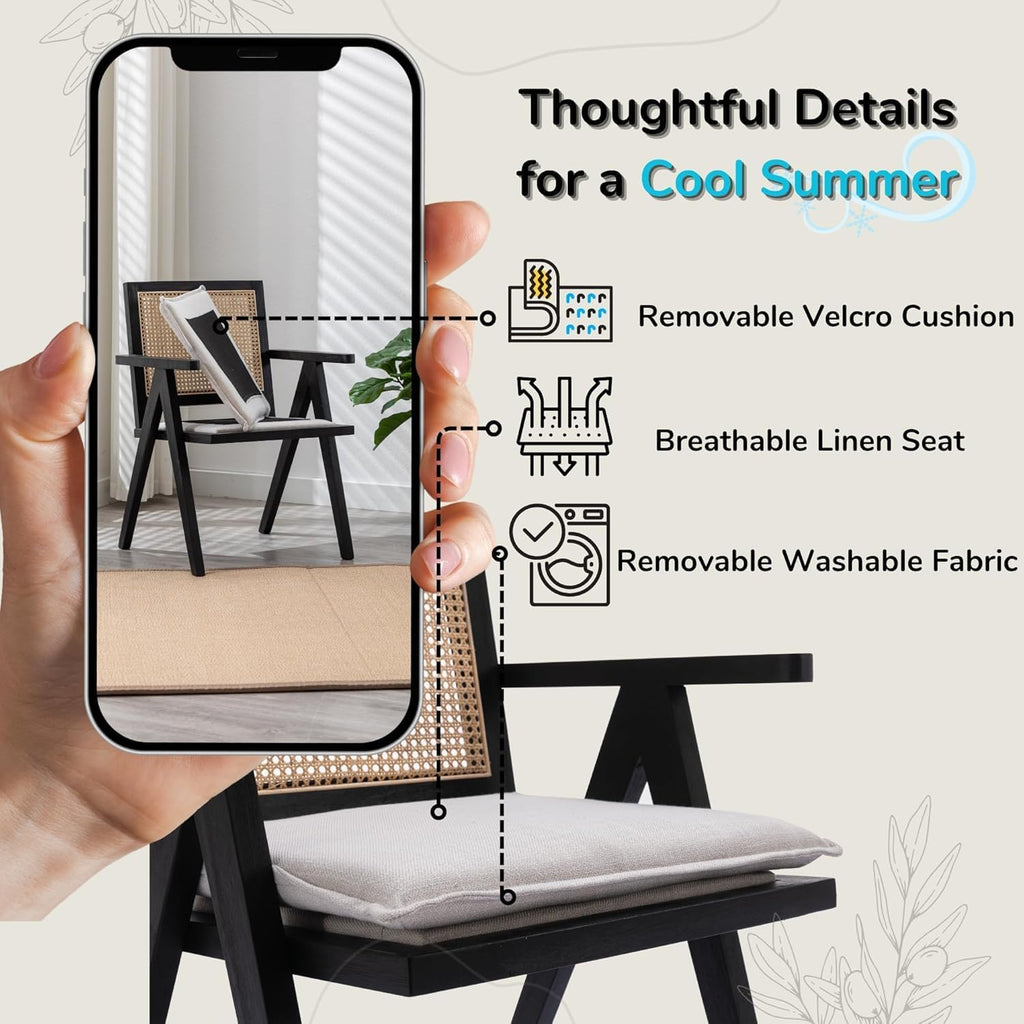 Novastra Modern Mid Century Accent Chairs Set of 2, Rattan Cane Back Dining Chairs with Removable Linen Upholstered Dining Chairs for Kitchen Restaurant