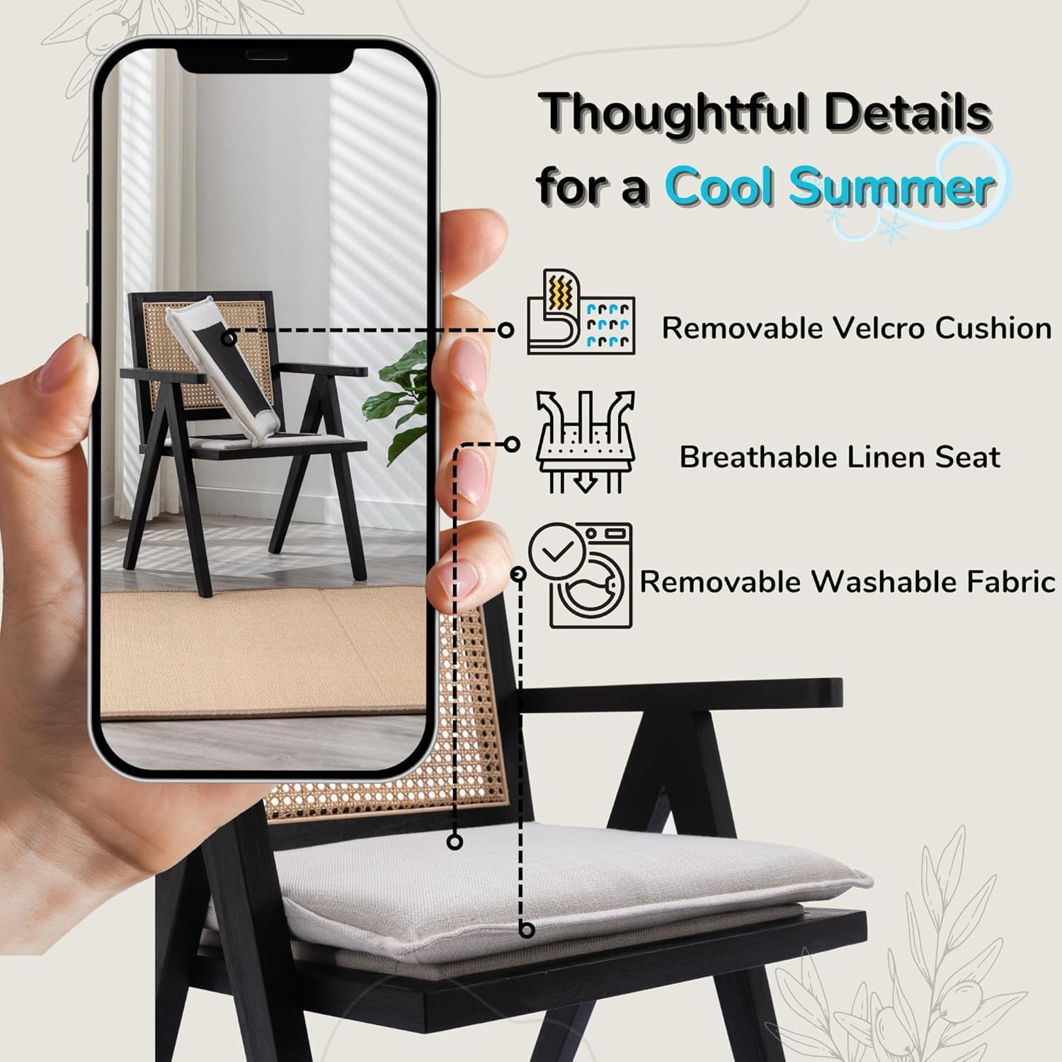 Novastra Modern Mid Century Accent Chairs Set of 2, Rattan Cane Back Dining Chairs with Removable Linen Upholstered Dining Chairs for Kitchen Restaurant