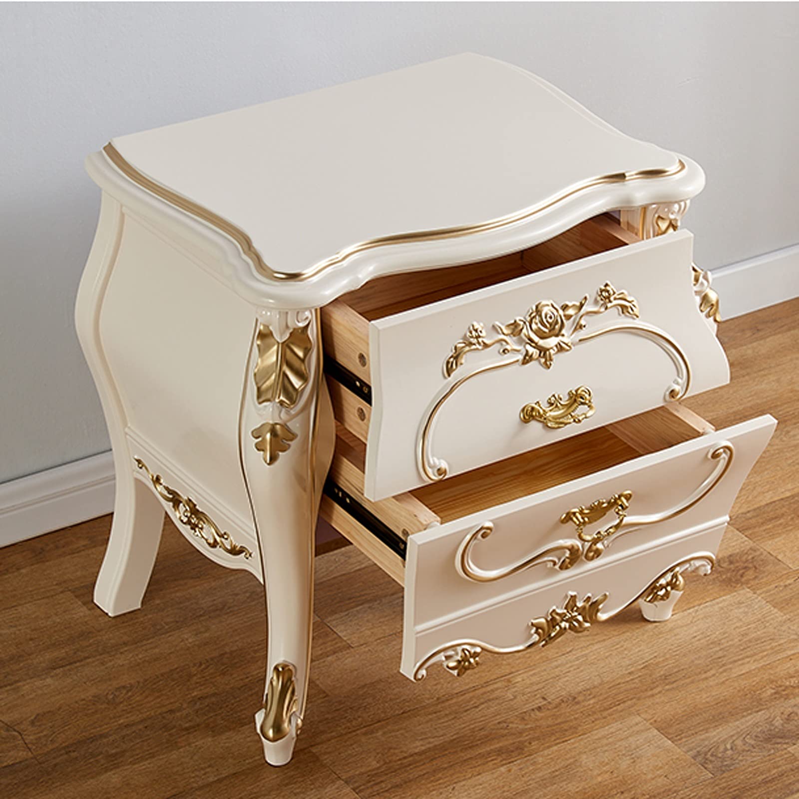 Night Stand White Bedside Tables with 2 Wood Drawers, Plastic Steel Frame Storage Cabinet Beautifully Carved Modern Style Nightstand for Bedroom 23.6" H Bedside Tables