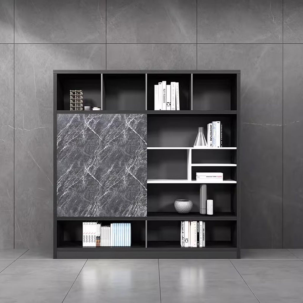 Aihm-Lon Bookshelf - Wooden Bookcase & Executive File Cabinet with Modern Grey Marble Texture & 5 Tier-Tall Shelf Includes Open Storage & Display Space for Home Office & Study