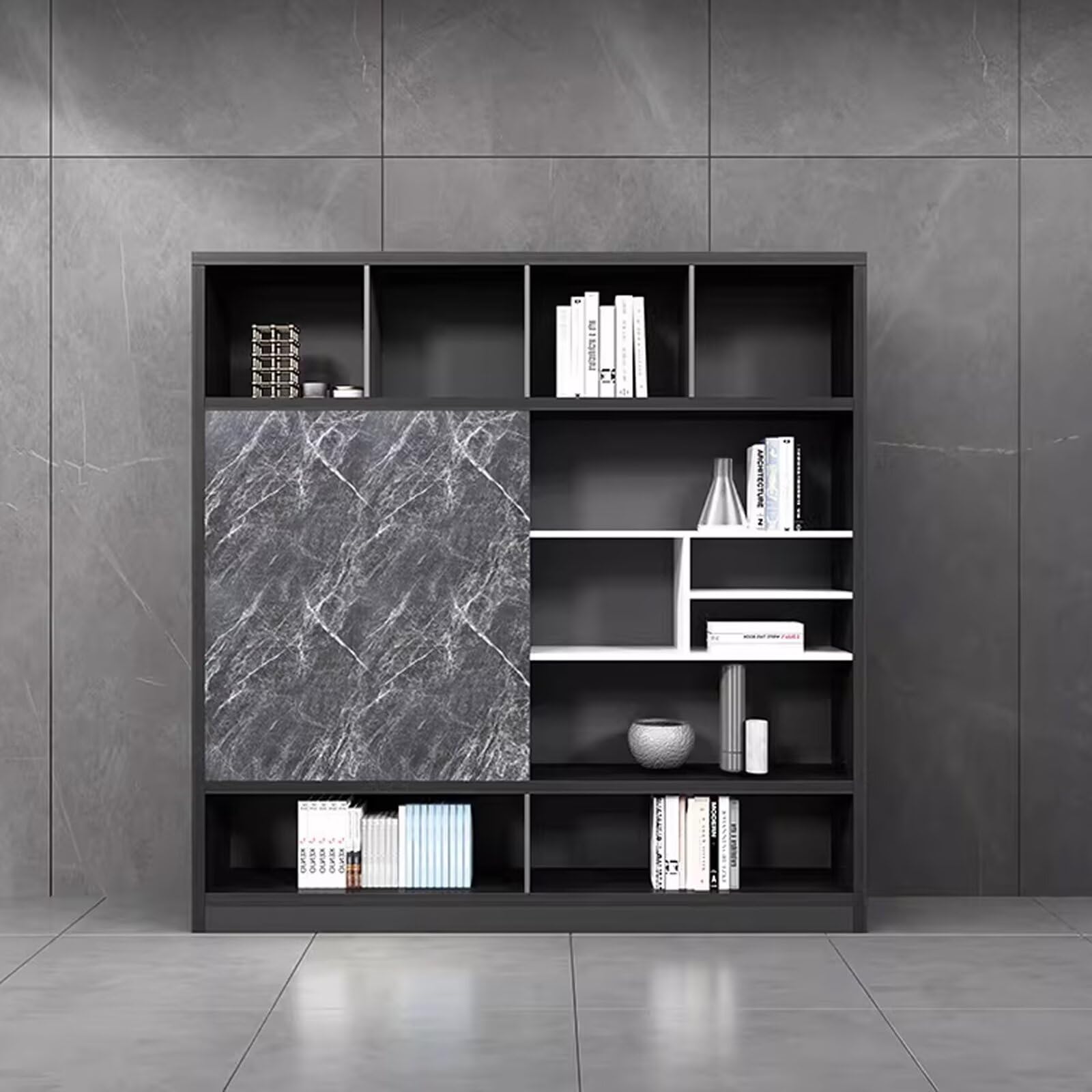 Aihm-Lon Bookshelf - Wooden Bookcase & Executive File Cabinet with Modern Grey Marble Texture & 5 Tier-Tall Shelf Includes Open Storage & Display Space for Home Office & Study