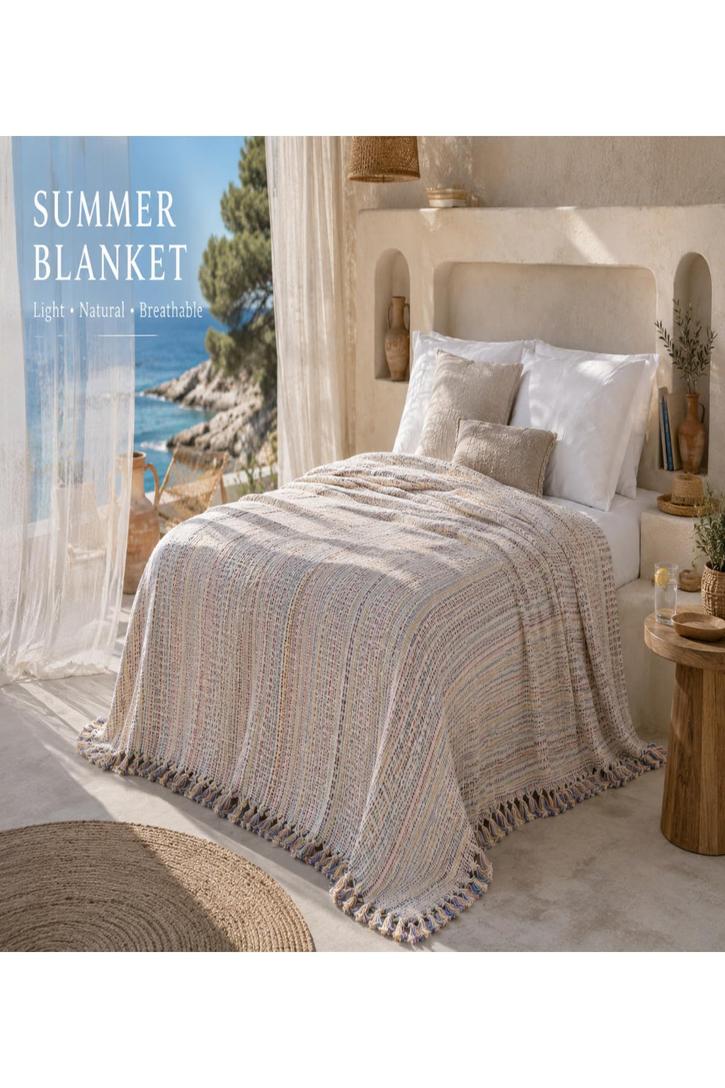 SODEF Asilex Home Woven Throw Blanket 78.7 x 98.4 in 100% Cotton Lightweight Premium Sofa Cover Summer Bedspread with Tassel Details for Living Room Boho Decor Beige - Beige