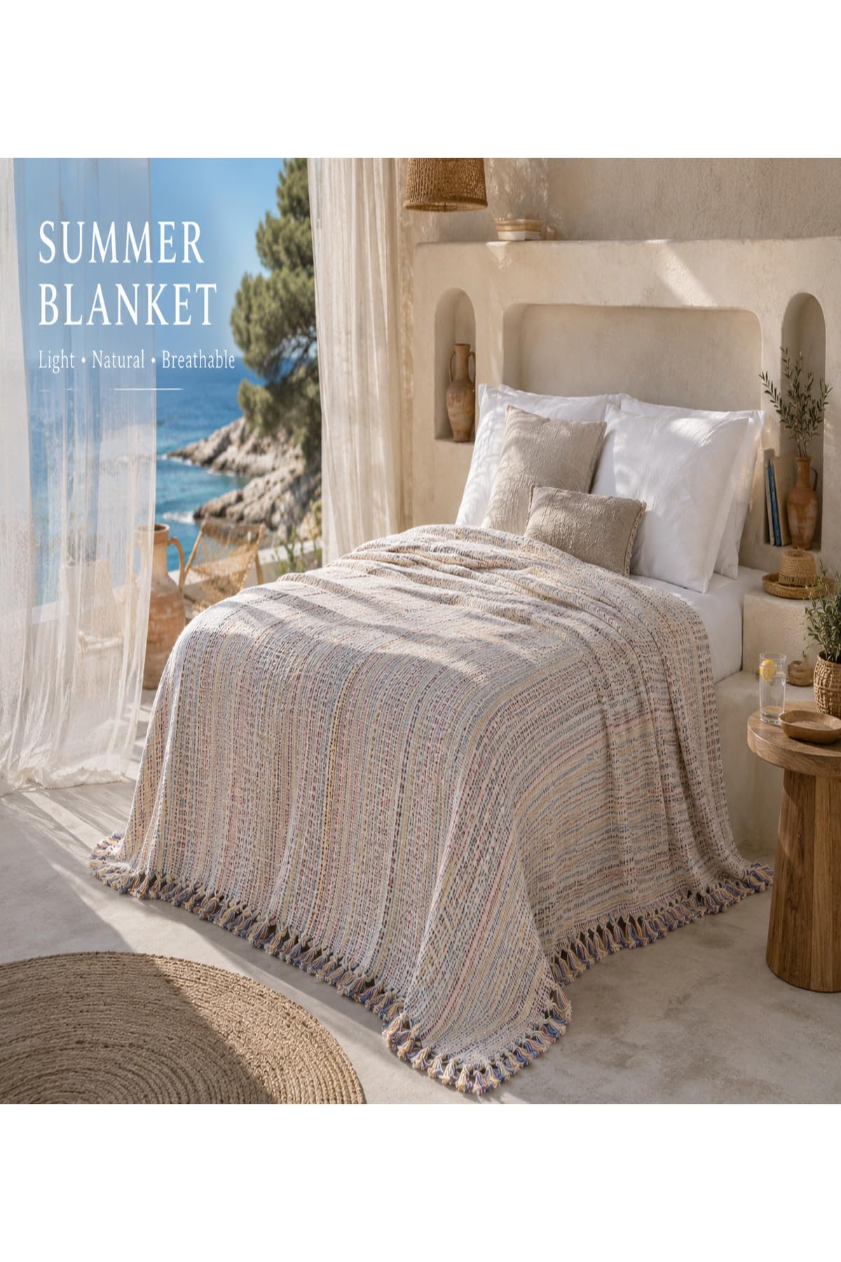 SODEF Asilex Home Woven Throw Blanket 78.7 x 98.4 in 100% Cotton Lightweight Premium Sofa Cover Summer Bedspread with Tassel Details for Living Room Boho Decor Beige - Beige
