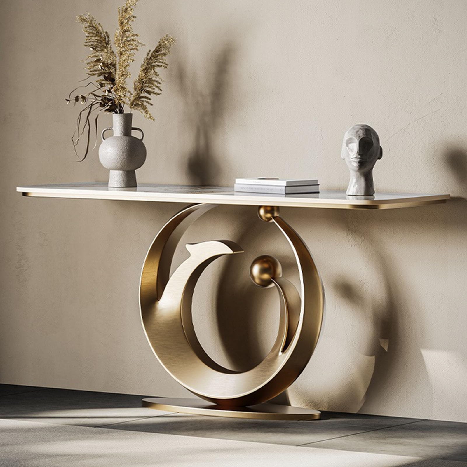 Home Modern Entryway Table with Faux Marble Top and Metal Base, Featuring Induction Light - Console Table for Narrow Spaces Behind Couch