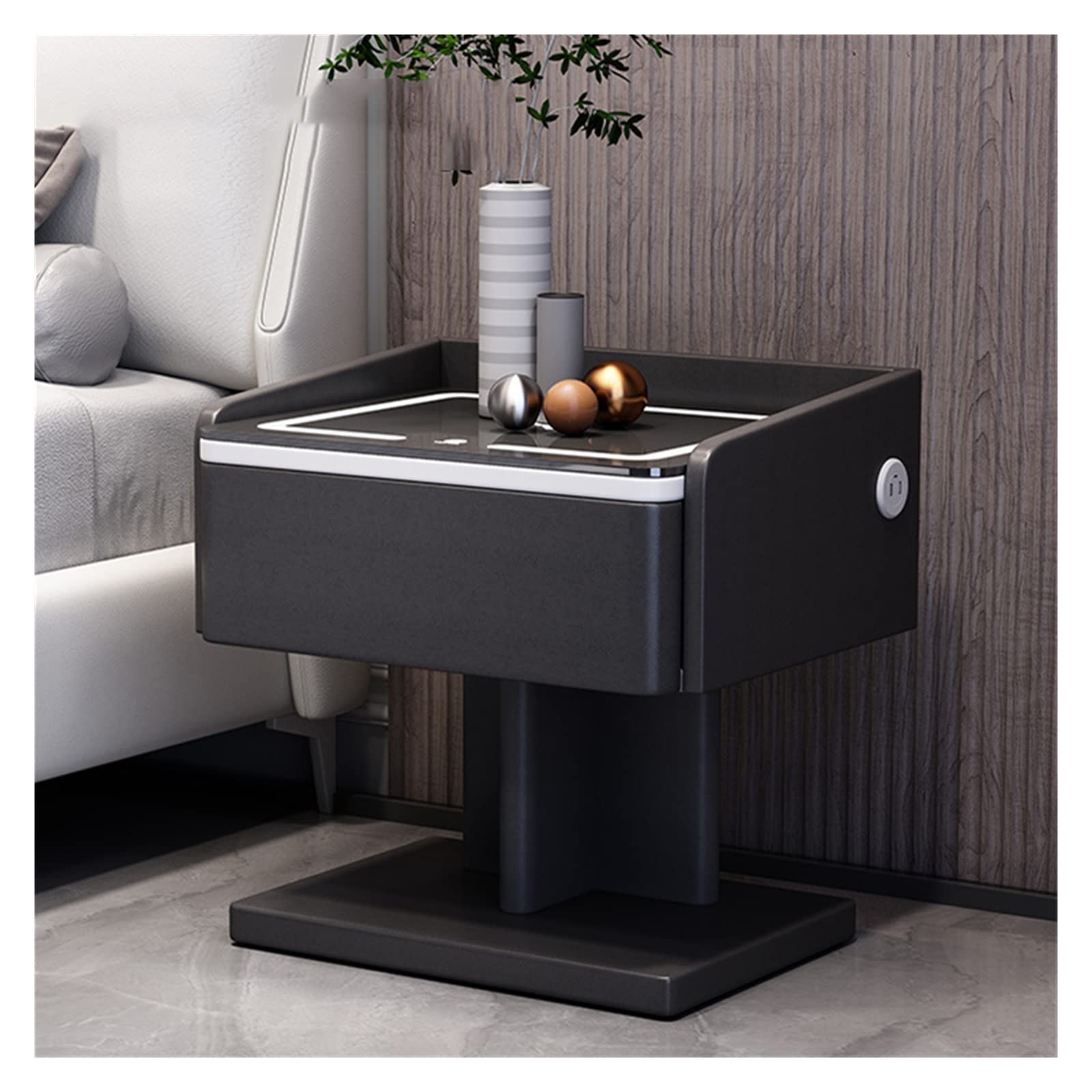 Creative Smart Bedside Table with Charging Style USB Bedroom Nightstands LED Light Side Cabinet (Color : Svart, Size : A) (Wit Argento)