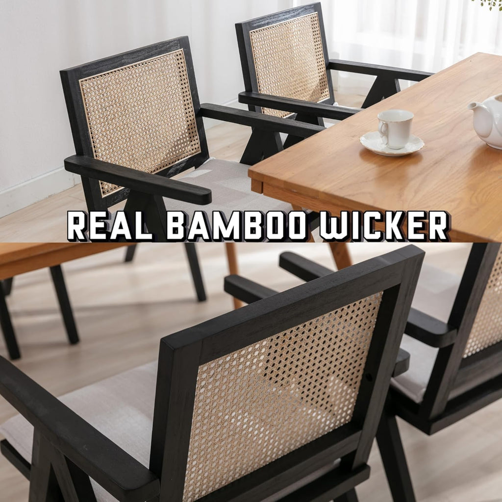 Novastra Modern Mid Century Accent Chairs Set of 2, Rattan Cane Back Dining Chairs with Removable Linen Upholstered Dining Chairs for Kitchen Restaurant