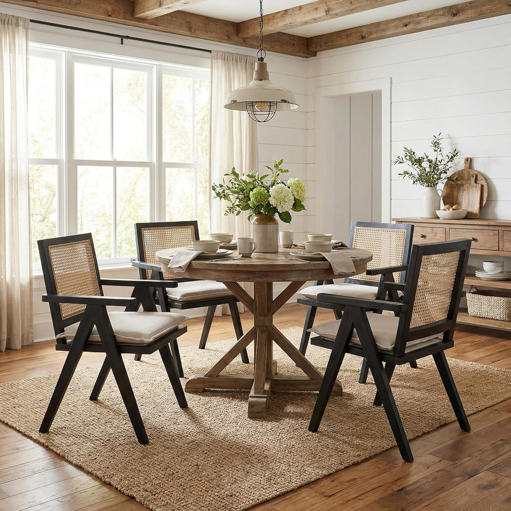Novastra Modern Mid Century Accent Chairs Set of 2, Rattan Cane Back Dining Chairs with Removable Linen Upholstered Dining Chairs for Kitchen Restaurant