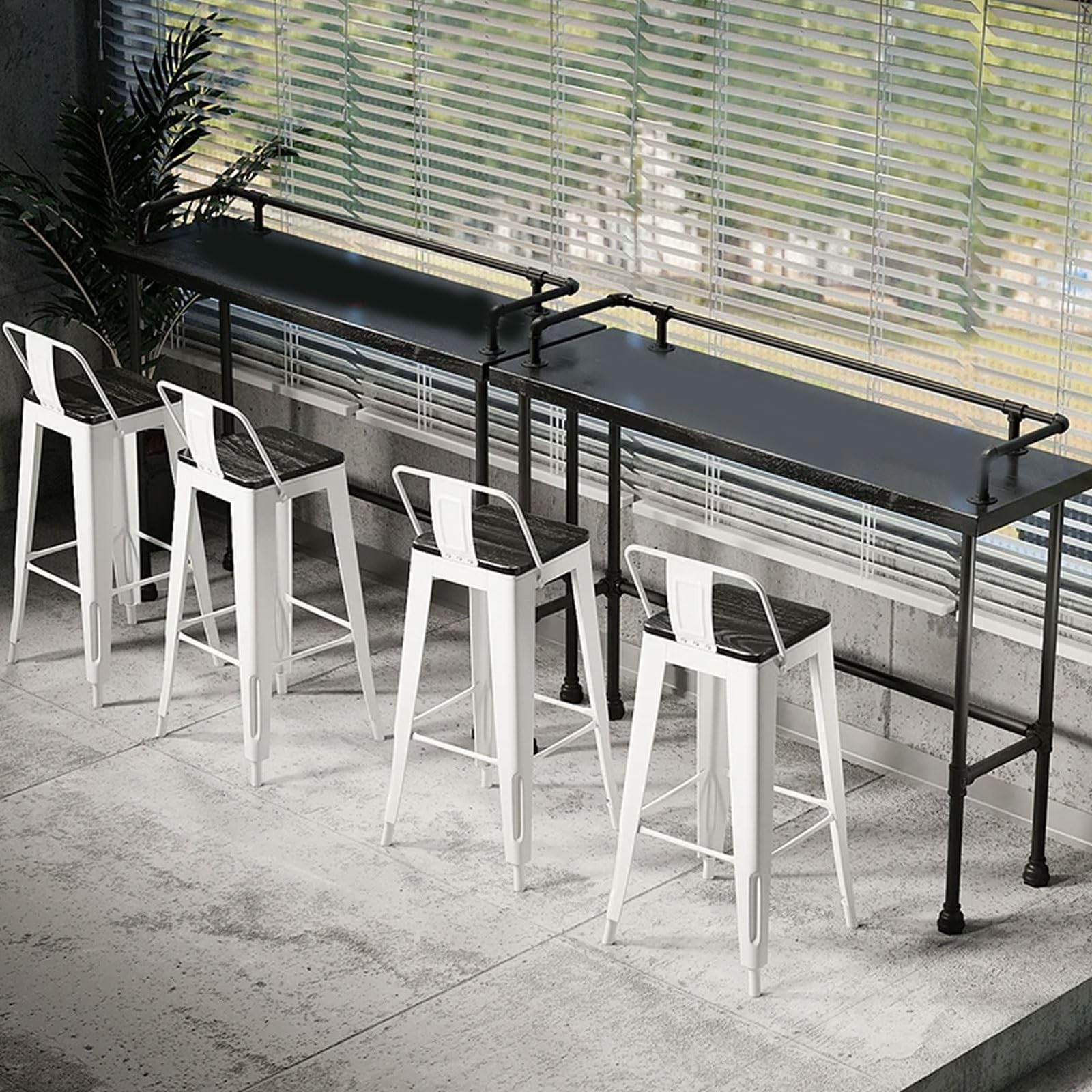 JOSOGO White Bar Stools Desk Set, Metal Bar Stools with Wooden Seat, Modern Counter Height Chairs with Low Back
