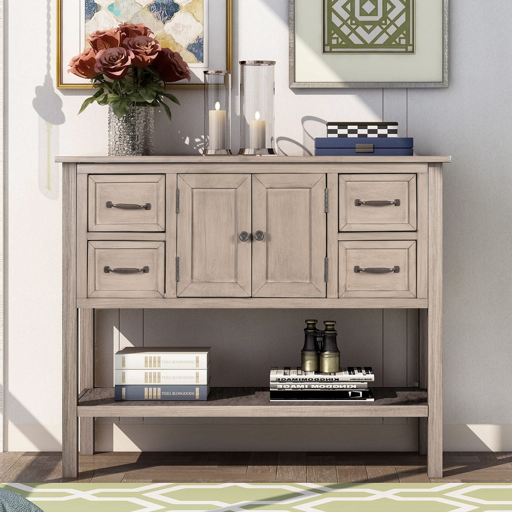 43'' Modern Console Table Sofa Table End Table for Living Room with 4 Drawers, 1 Cabinet and 1 Shelf