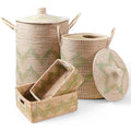 4 Pack Handmade Seagrass Storage Basket Set, 2 Oval Lidded Laundry Hampers & 2 Rectangular Bins with Handles, 3.2-53L Capacity, Natural Woven Organizer for Bedroom Laundry, 95.7L Total
