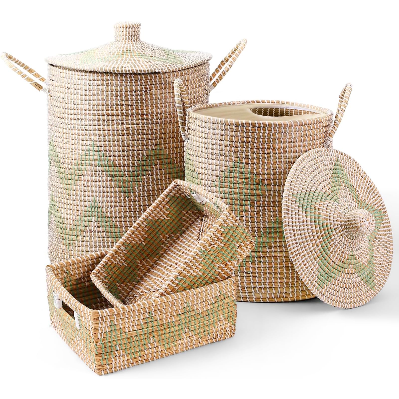 4 Pack Handmade Seagrass Storage Basket Set, 2 Oval Lidded Laundry Hampers & 2 Rectangular Bins with Handles, 3.2-53L Capacity, Natural Woven Organizer for Bedroom Laundry, 95.7L Total